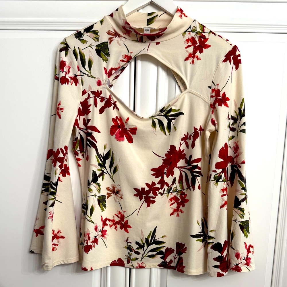 Guess Women’s Size Large Mock Neck Bell Sleeve Open Chest and Back Top